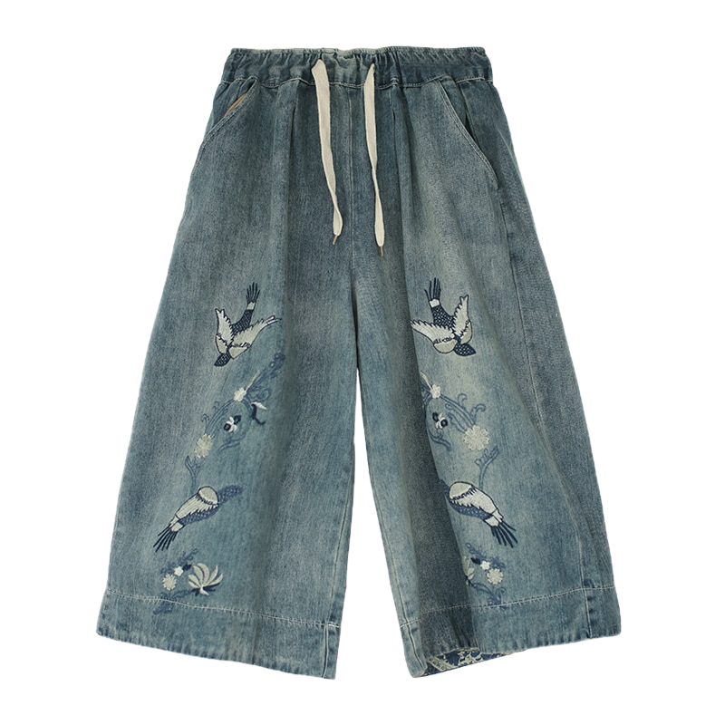 Embroidered Vintage Denim 3/4 Trousers