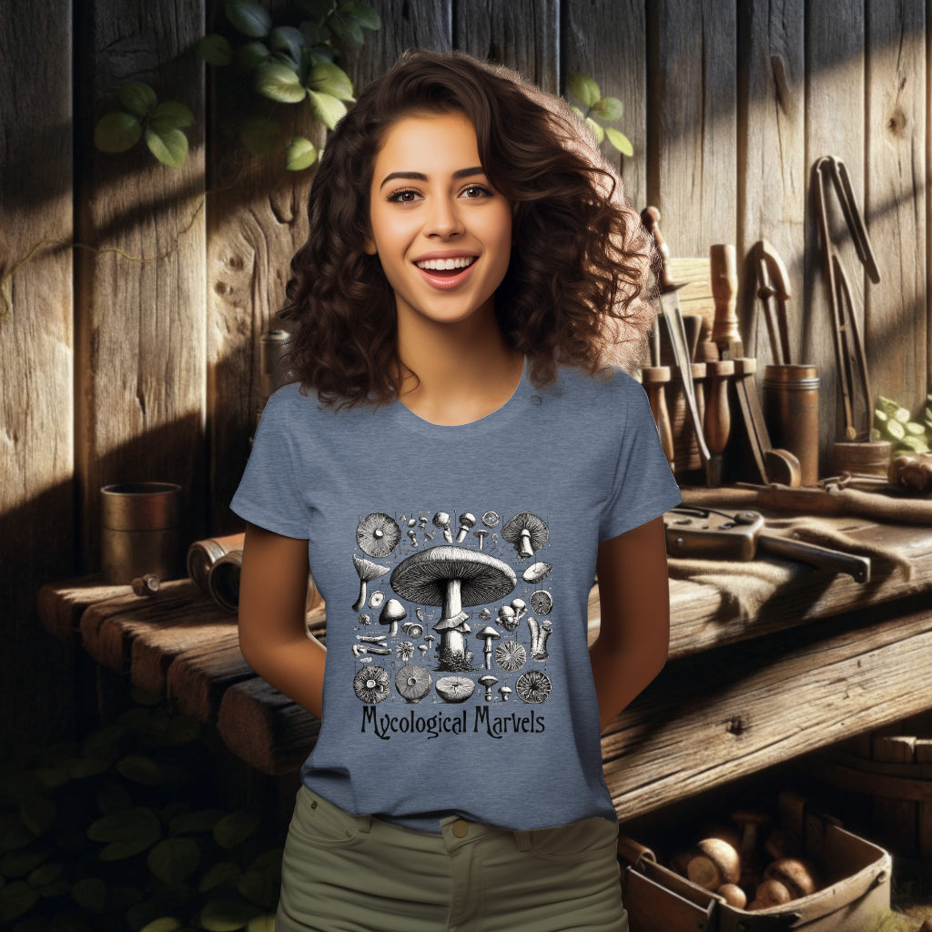 The 'Mycological Marvels' organic cotton dark heather blue tee on a model showcases a variety of mushrooms with scientific accuracy, perfect for those with a fascination for mycology and eco-friendly apparel.