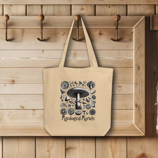'Mycological Marvels' Tote Bag in oyster, hanging on wall hooks, showcasing a detailed botanical illustration of various mushrooms, celebrating the diversity and intricacy of fungi in a sustainable format.