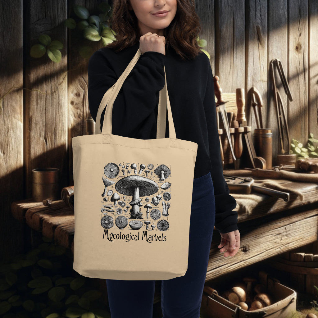 Model showcasing the 'Mycological Marvels' Tote Bag in oyster, with the intricate botanical mushroom design, a stylish accessory for those who appreciate the intricacies of the fungal world.