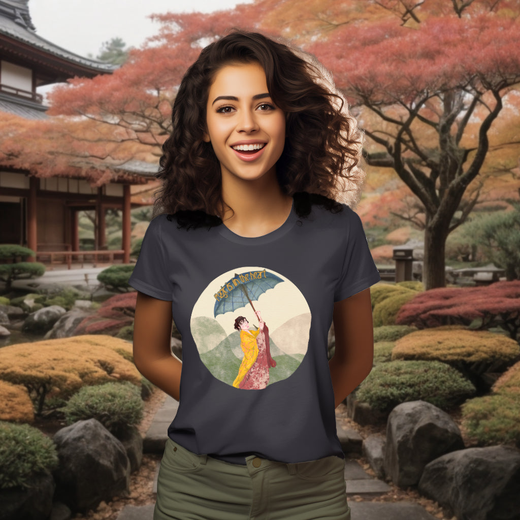 Model showcasing the 'Magic is in the Heart' T-Shirt in Anthracite, featuring a watercolor depiction of a young woman in a kimono with a parasol, symbolizing the harmony of Japanese tradition and personal enchantment.