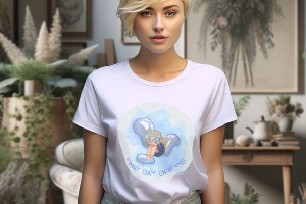 Model wearing the 'Rainy Day Dreams' T-Shirt in Lavender, featuring a chibi-style character amidst teardrops in a watercolor design, symbolizing the embrace of introspection and the solace found in rainy days.
