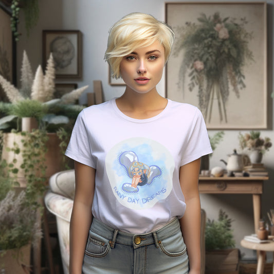 Model wearing the 'Rainy Day Dreams' T-Shirt in Lavender, featuring a chibi-style character amidst teardrops in a watercolor design, symbolizing the embrace of introspection and the solace found in rainy days.