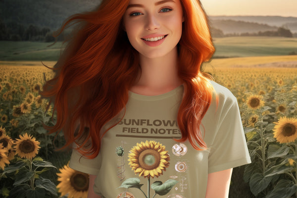 Model sports the 'Sunflower Field Notes' Tee Shirt in sage, with a detailed botanical illustration of a sunflower, celebrating the union of scientific art and sustainable fashion.