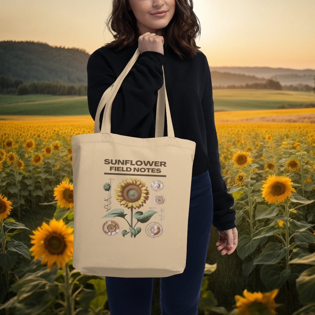 The 'Sunflower Field Notes' Tote Bag in oyster color carried by a model, accentuating the artful precision of the sunflower depiction, ideal for those committed to eco-friendly living and natural aesthetics.