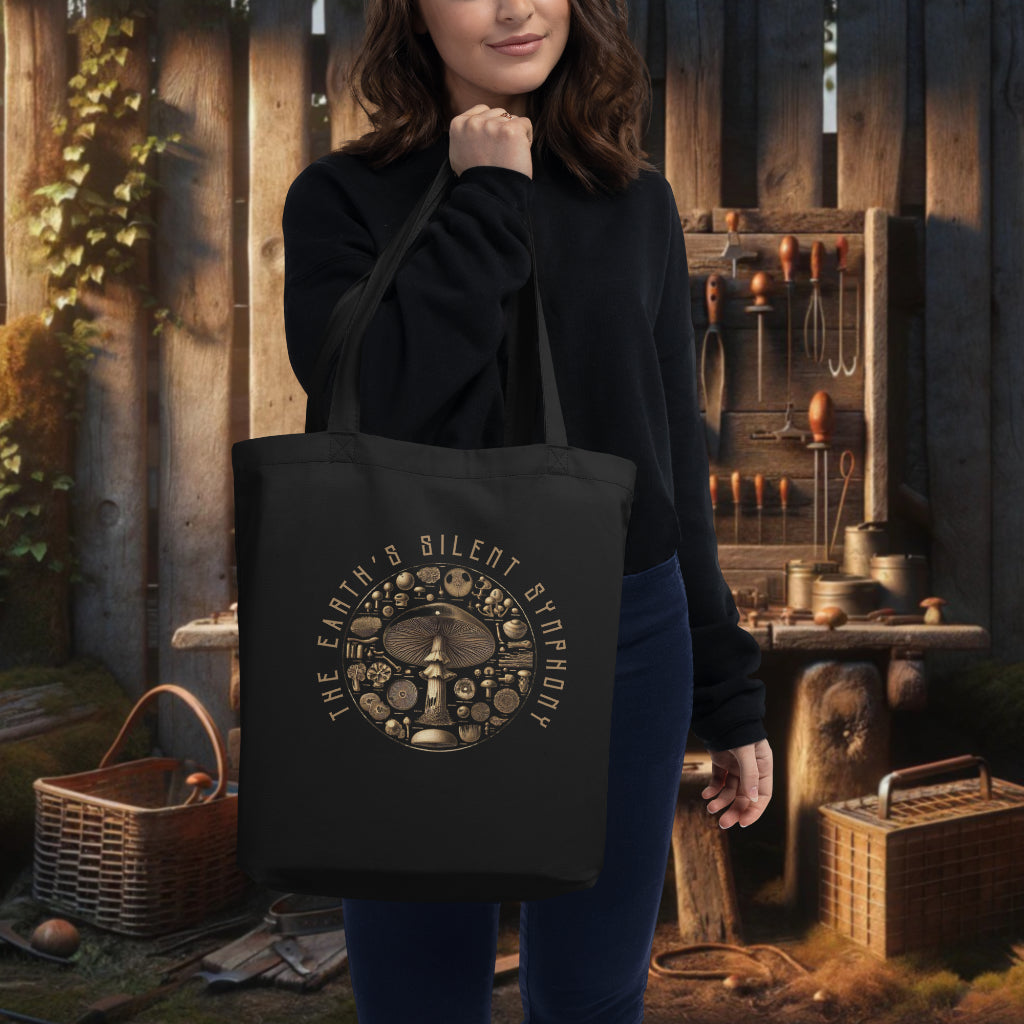 The 'The Earth's Silent Symphony' black tote over a model's shoulder, showcasing a detailed botanical mushroom design, merging practicality with a deep appreciation for nature's intricate designs.