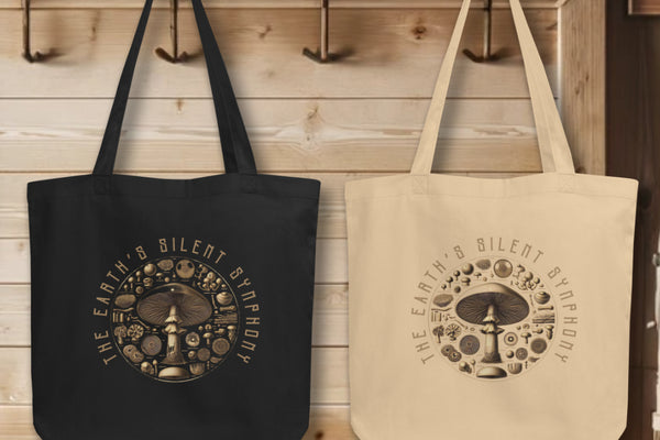 Collection of 'The Earth's Silent Symphony' Tote Bags in black and oyster colors, elegantly displayed, highlighting the artistic and scientific rendition of mushrooms, embodying the wonders of the natural ecosystem.