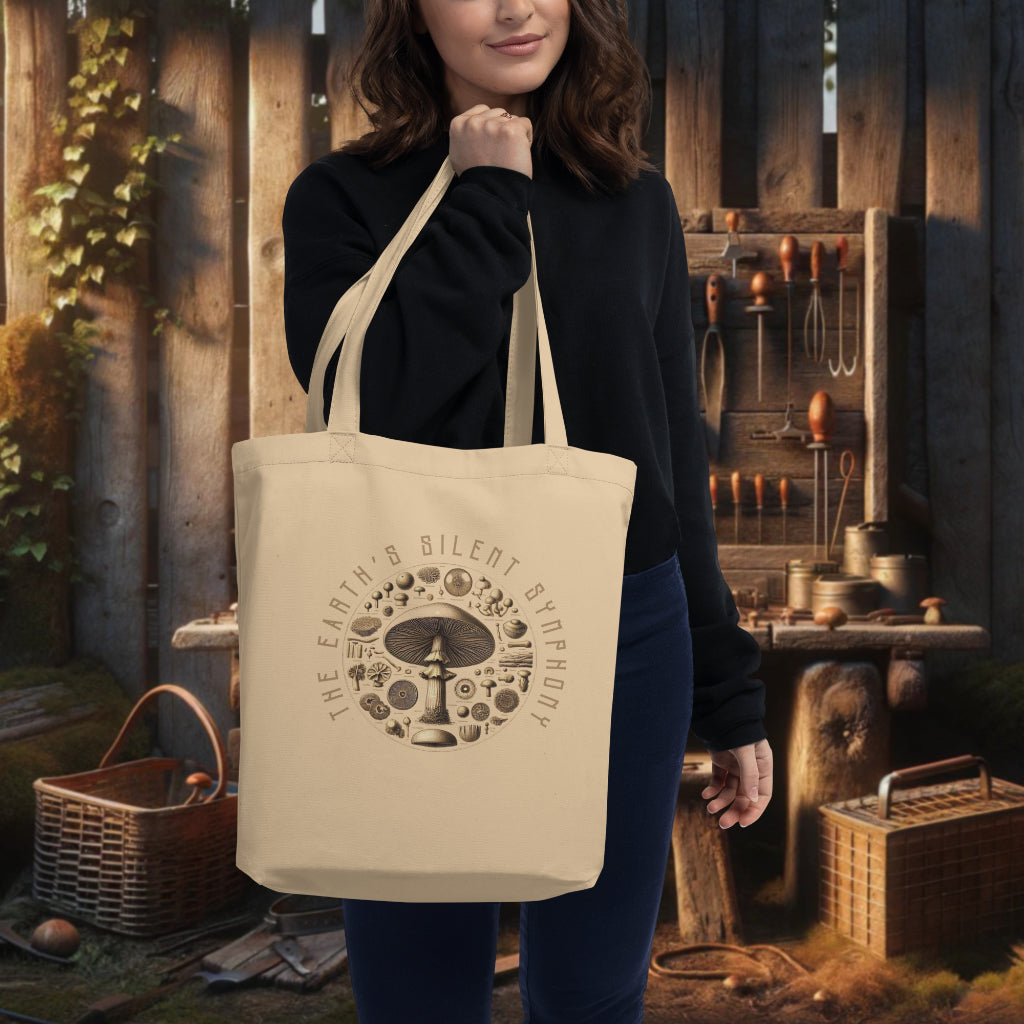 Model showcasing the 'The Earth's Silent Symphony' Tote Bag in oyster, with the intricate botanical mushroom arrangement, a stylish accessory for those who are fascinated by the silent wonders of the fungal world.