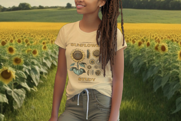 The 'Sunflower Study' organic cotton butter tee modeled with a lifelike sunflower depiction, marrying comfort with the natural elegance of botany-inspired art.