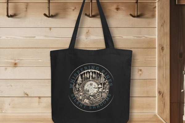 'Whispering Pines, Silent Shrooms' Tote Bags in black, displayed on hooks, featuring a serene forest ecosystem with mushrooms and pines in a circular design, symbolizing nature's quiet symphony.