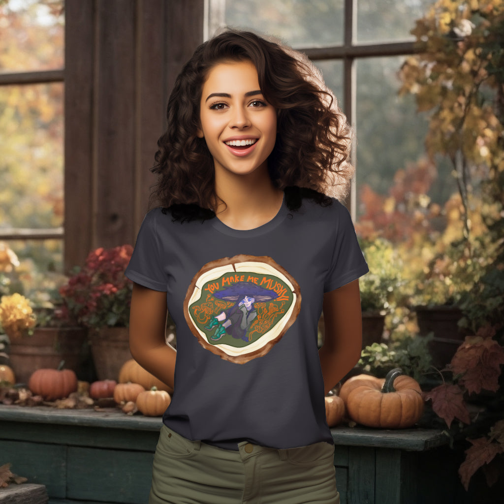 Displaying the 'You Make Me Mushy' Anthracite T-Shirt, the model brings to life the playful sentiment of the mushroom girl, blending organic beauty with a message of love.