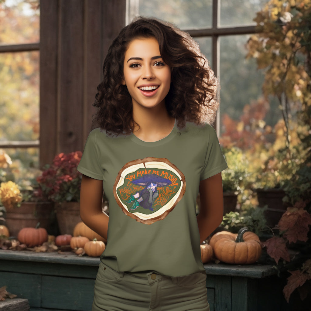 Wearing the 'You Make Me Mushy' T-Shirt in Khaki, the model radiates warmth and joy, with the unique mushroom design reflecting deep, affectionate emotions.