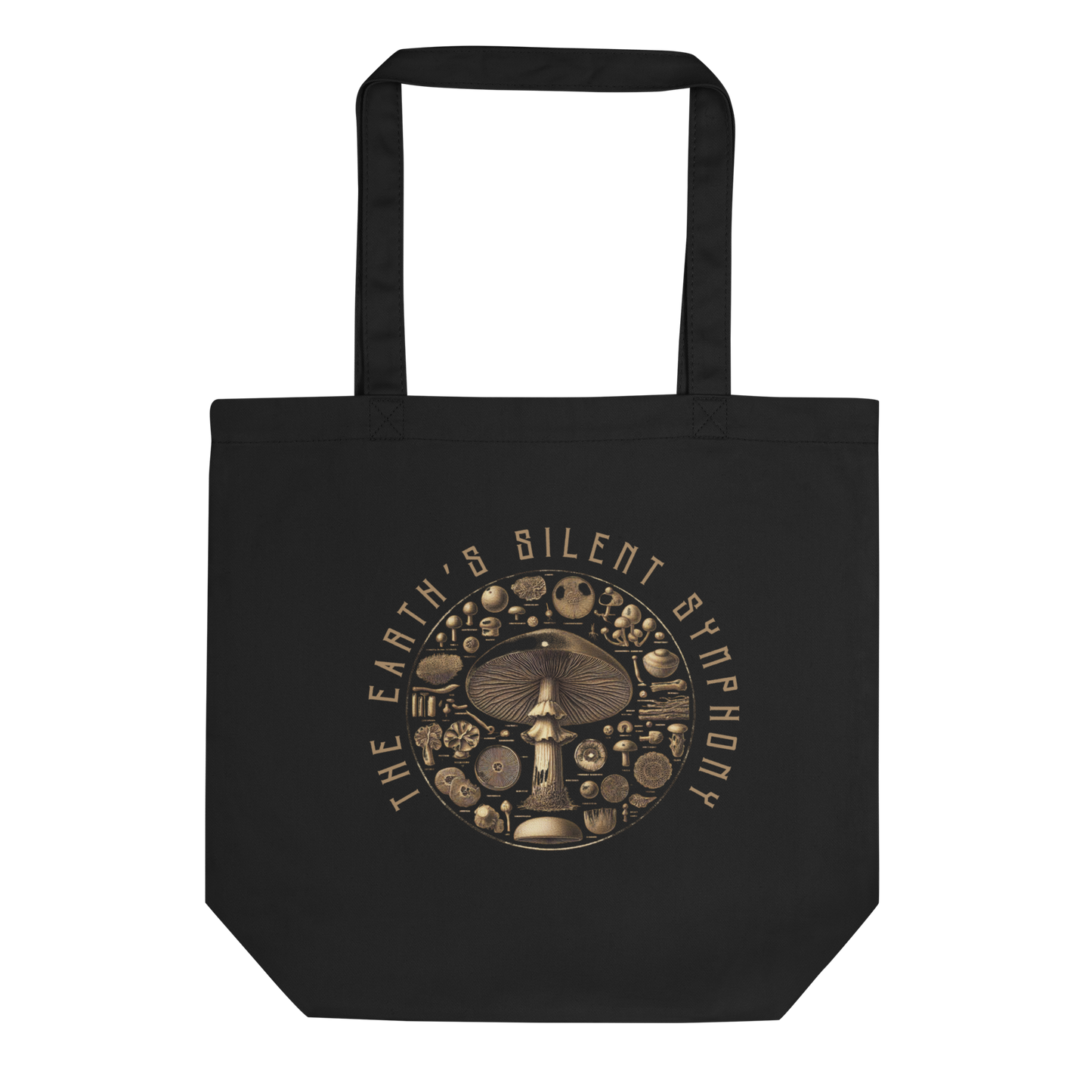 Lay-flat image of the 'The Earth's Silent Symphony' Tote Bag in black, emphasizing the detailed botanical illustrations of mushrooms, a sophisticated and eco-friendly choice for nature enthusiasts.