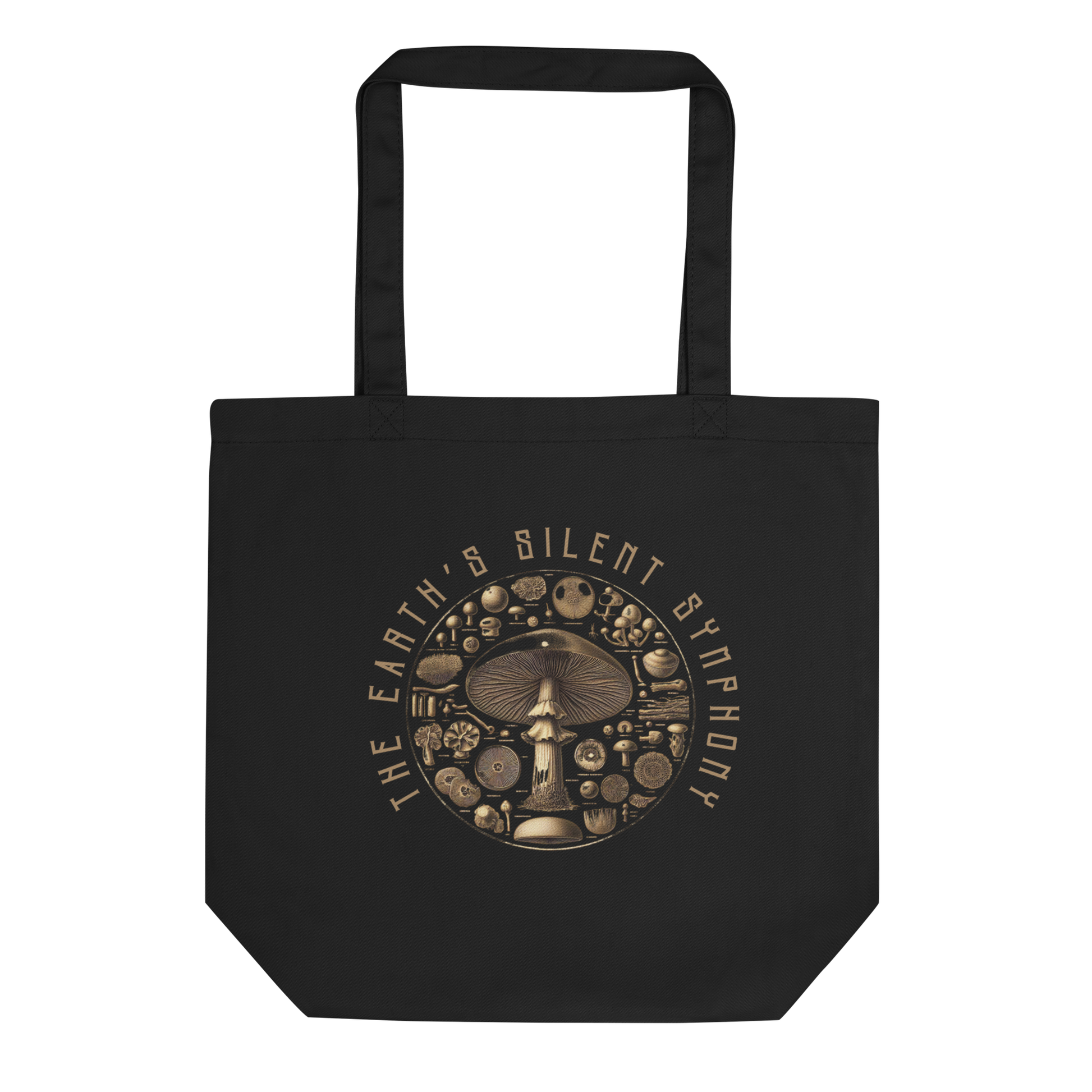 Lay-flat image of the 'The Earth's Silent Symphony' Tote Bag in black, emphasizing the detailed botanical illustrations of mushrooms, a sophisticated and eco-friendly choice for nature enthusiasts.