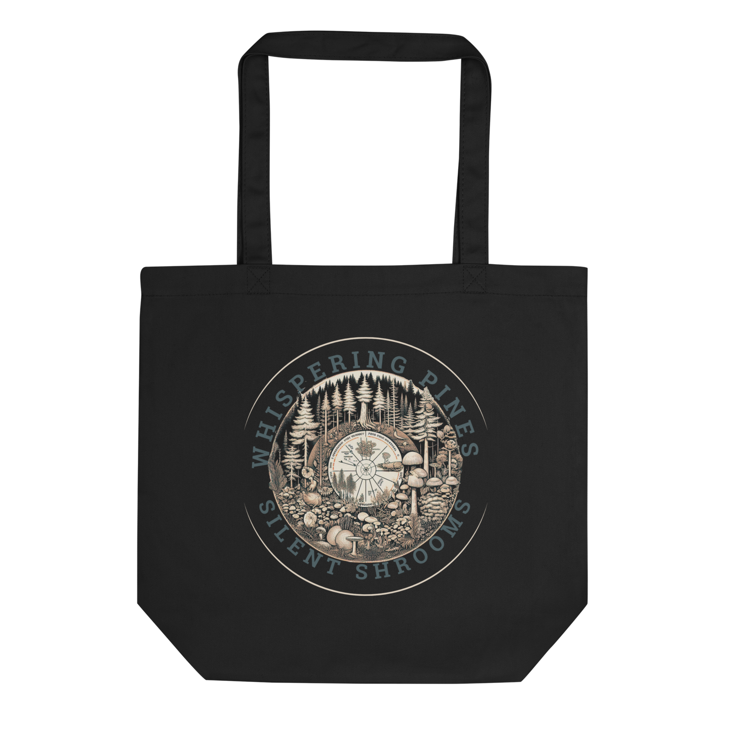 Lay-flat image of the black 'Whispering Pines, Silent Shrooms' Tote Bag, presenting a detailed and harmonious forest illustration, an eco-friendly accessory for lovers of nature's understated dialogues.