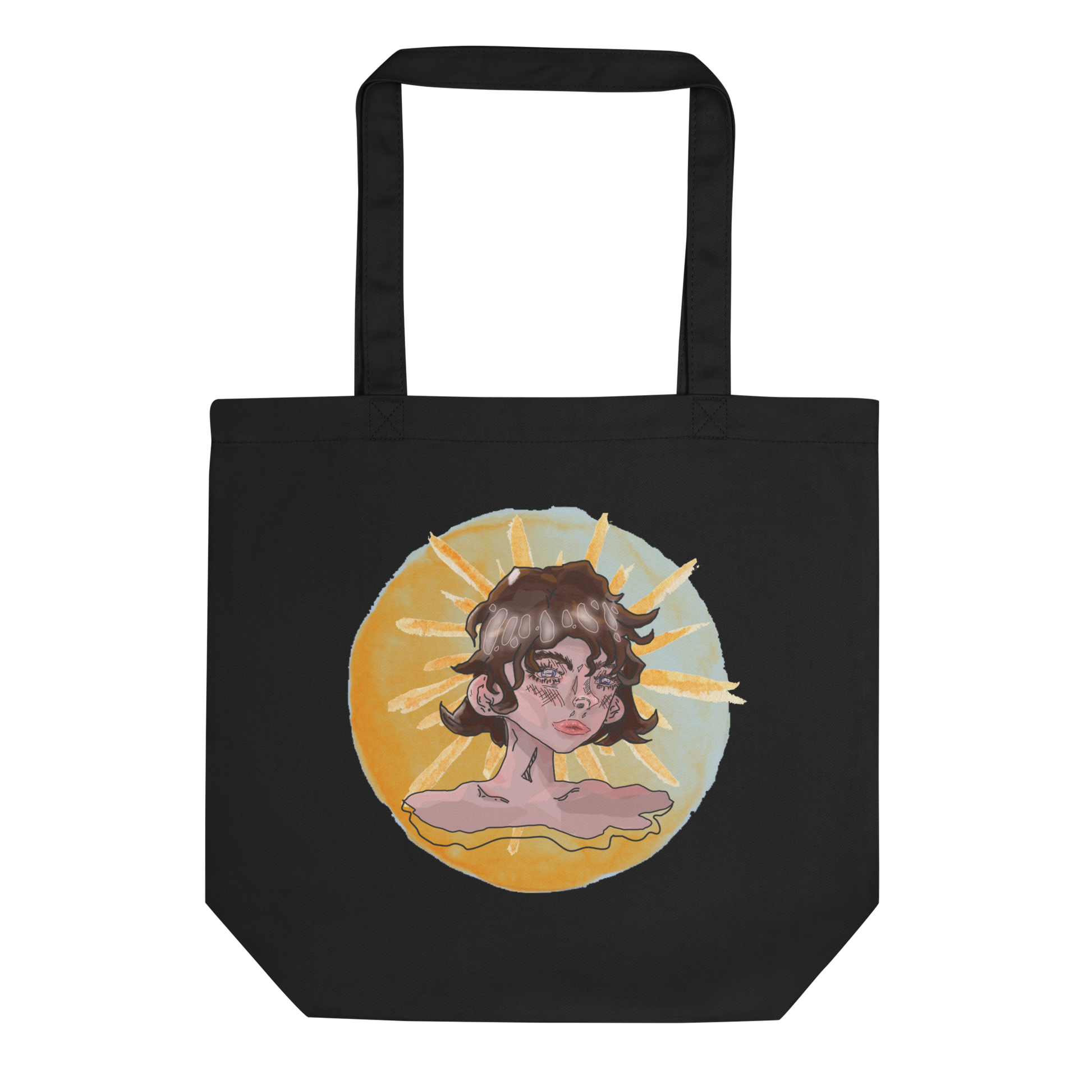 Lay-flat image of the 'Sunshine Girl' Tote in black, emphasizing the detailed watercolor design of the pensive girl, a stylish and sustainable choice for the environmentally aware and artistically inclined.