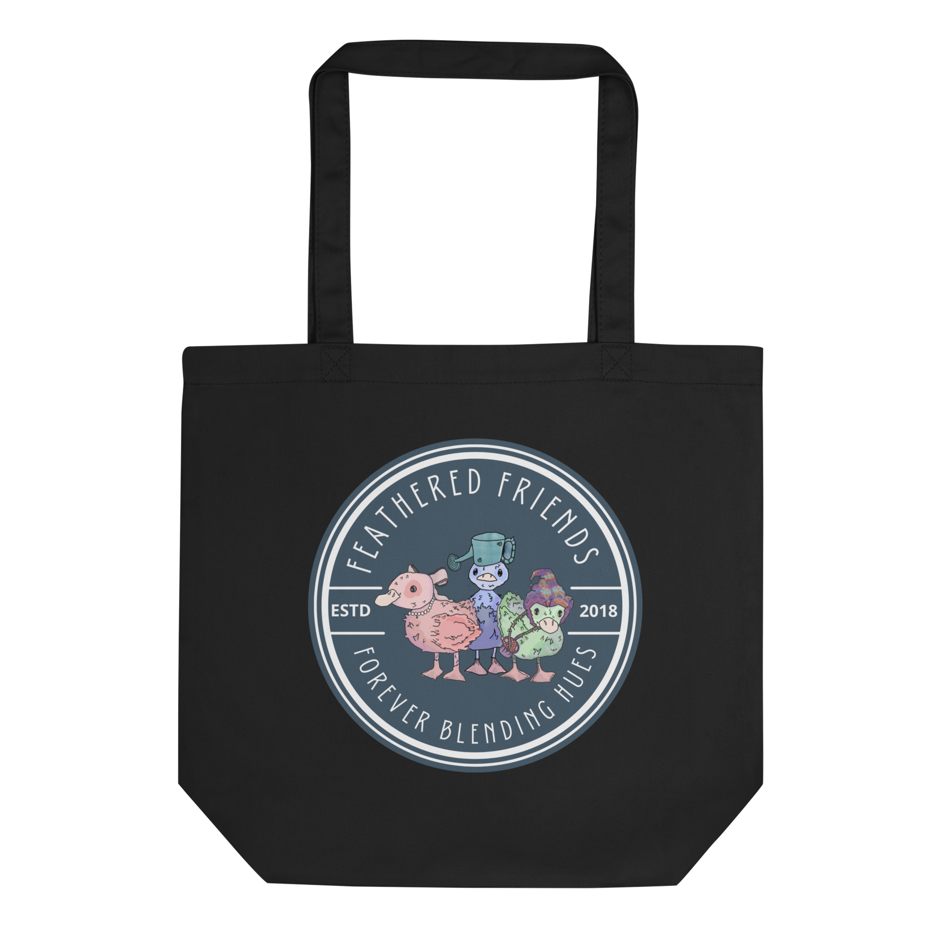 Lay-flat image of the 'Feathered Friends' Tote in black, emphasizing the detailed watercolor design of three ducklings, a blend of style, functionality, and a heartwarming message of friendship.