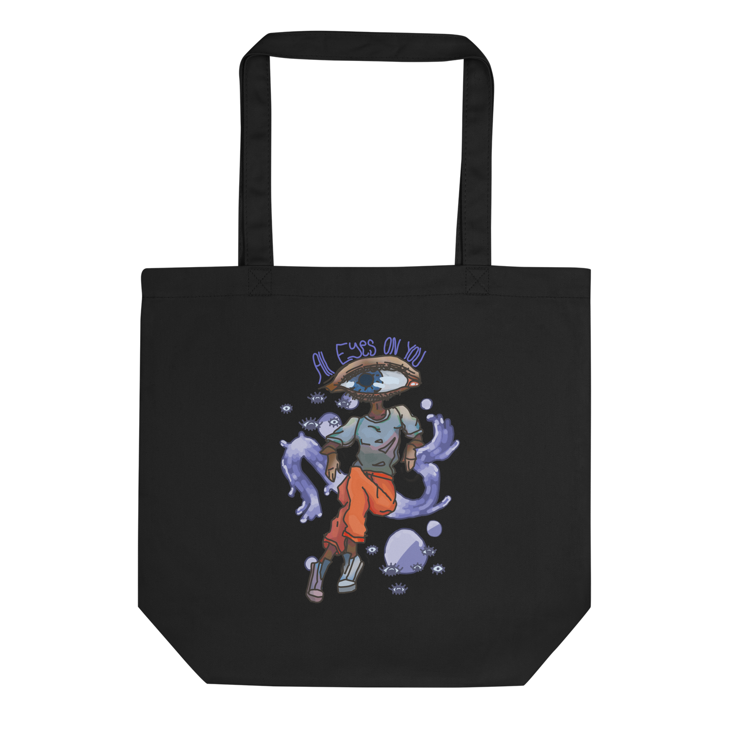 Lay-flat image of the 'All Eyes On You' Tote in black, with a detailed view of the watercolor design featuring a surreal human figure, an artistic and sustainable choice for those who appreciate unique fashion statements.