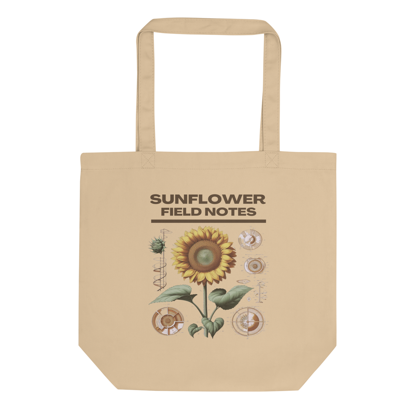 The 'Sunflower Field Notes' Tote Bag in oyster color, presented in a lay-flat image, captures the charm of the scientifically-rendered sunflower, offering a chic and environmentally responsible option for nature enthusiasts.