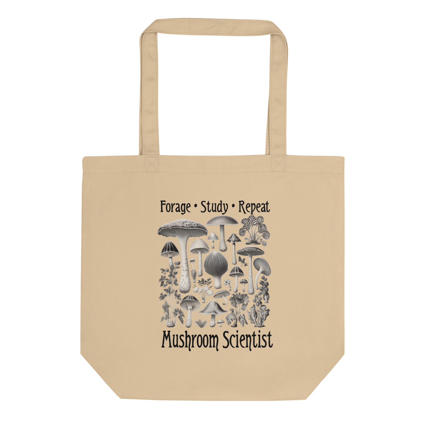 The 'Forage, Study, Repeat' Tote Bag in oyster color, presented in a lay-flat image, captures the intricate foliage and mushroom art, offering a stylish nod to the erudite world of fungi and eco-friendly fashion.