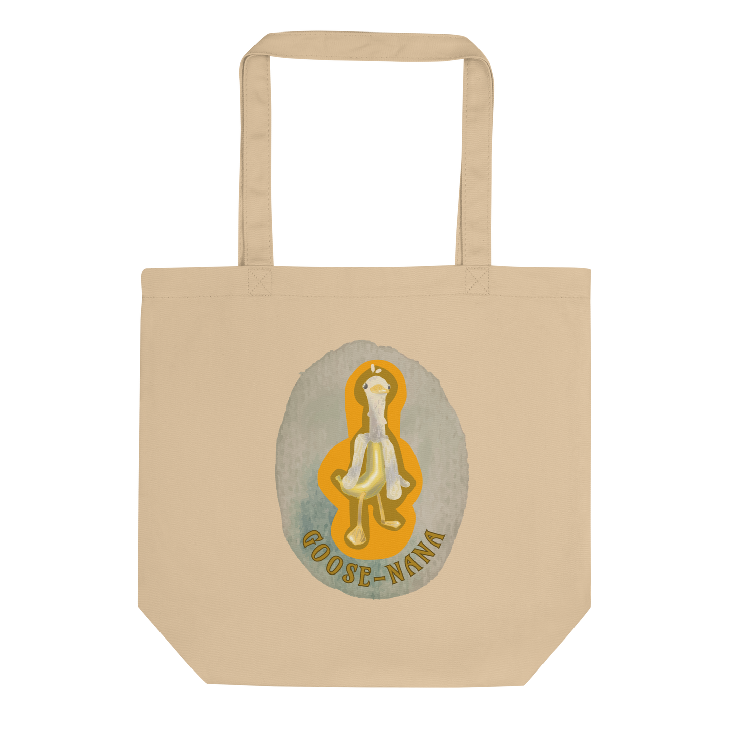 Lay-flat view of the 'Goose-nana' Tote in oyster, featuring the vibrant watercolor Goose-Nana design, a delightful addition to any eco-conscious fashion ensemble.