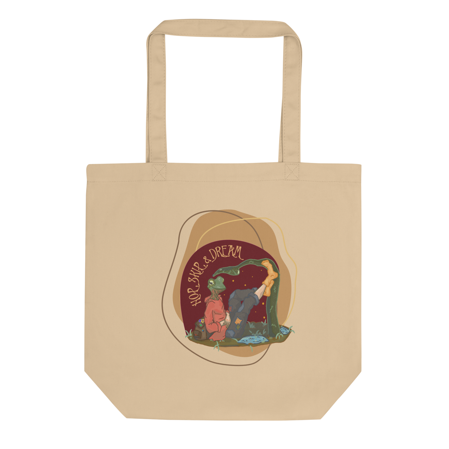 Lay-flat view of the 'Hop, Skip Dream' Tote in oyster, featuring the vibrant watercolor design of the whimsical frog-human character, a delightful addition to any eco-conscious fashion ensemble.