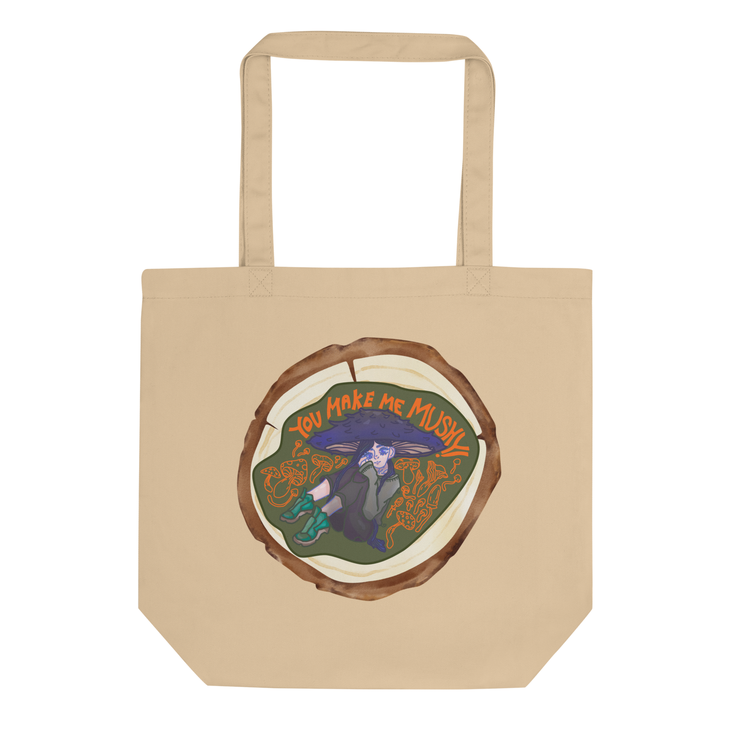 Lay-flat view of the 'You Make Me Mushy' Tote in oyster, featuring the vibrant watercolor design of the mushroom girl and her whimsical world, a delightful addition to any eco-conscious fashion ensemble.