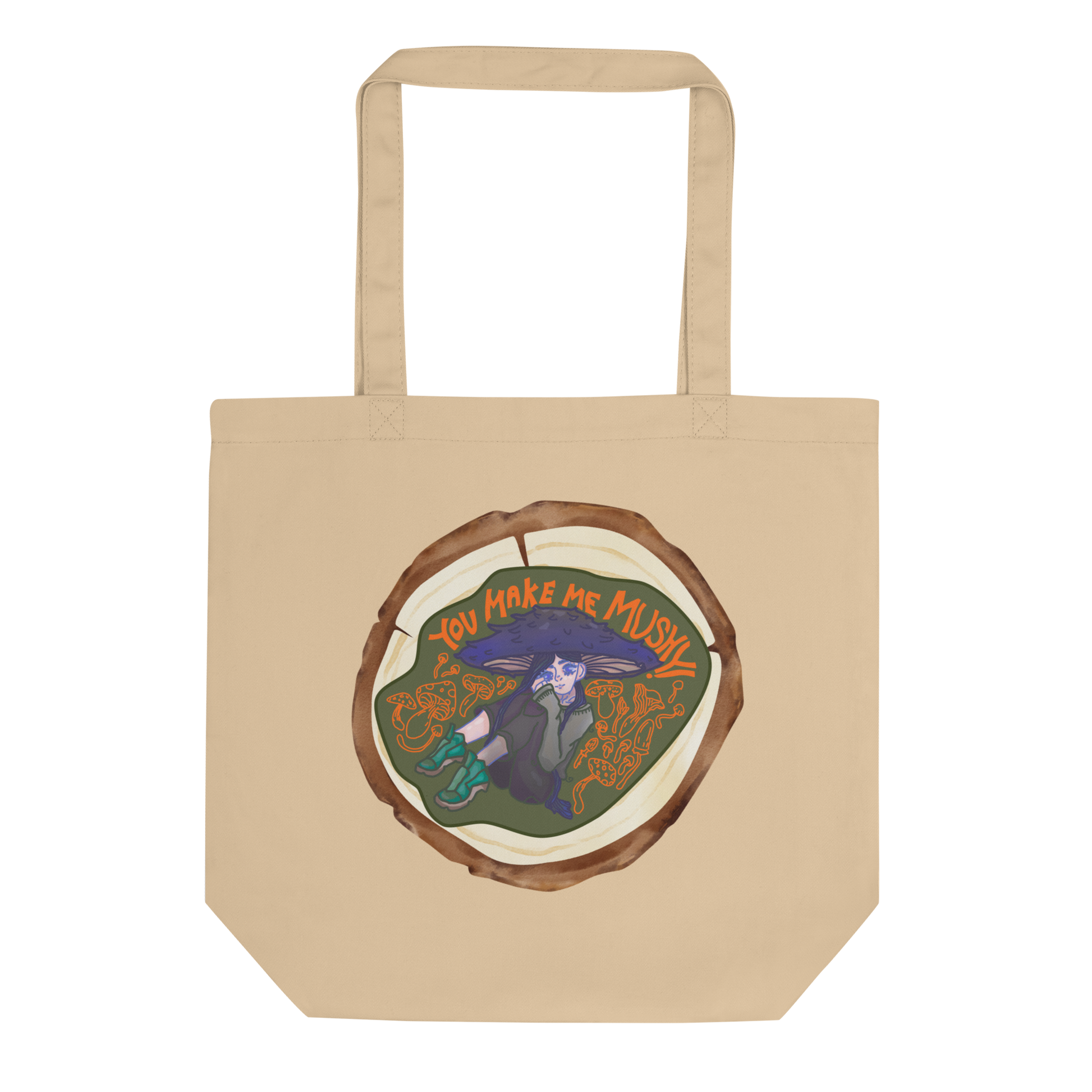 Lay-flat view of the 'You Make Me Mushy' Tote in oyster, featuring the vibrant watercolor design of the mushroom girl and her whimsical world, a delightful addition to any eco-conscious fashion ensemble.