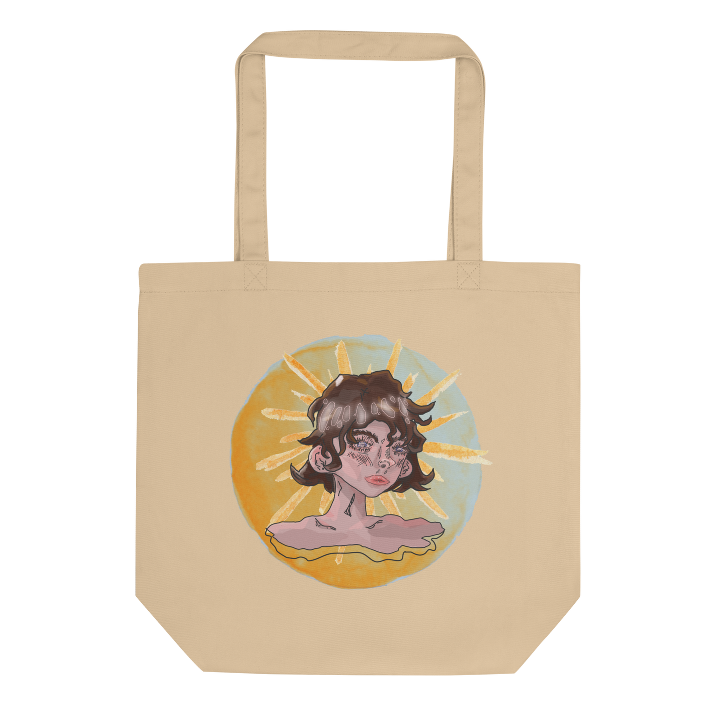 The 'Sunshine Girl' Tote in oyster color, presented in a lay-flat image, captures the charm of the girl's thoughtful portrait, a stylish and sustainable option for the imaginative and environmentally aware.