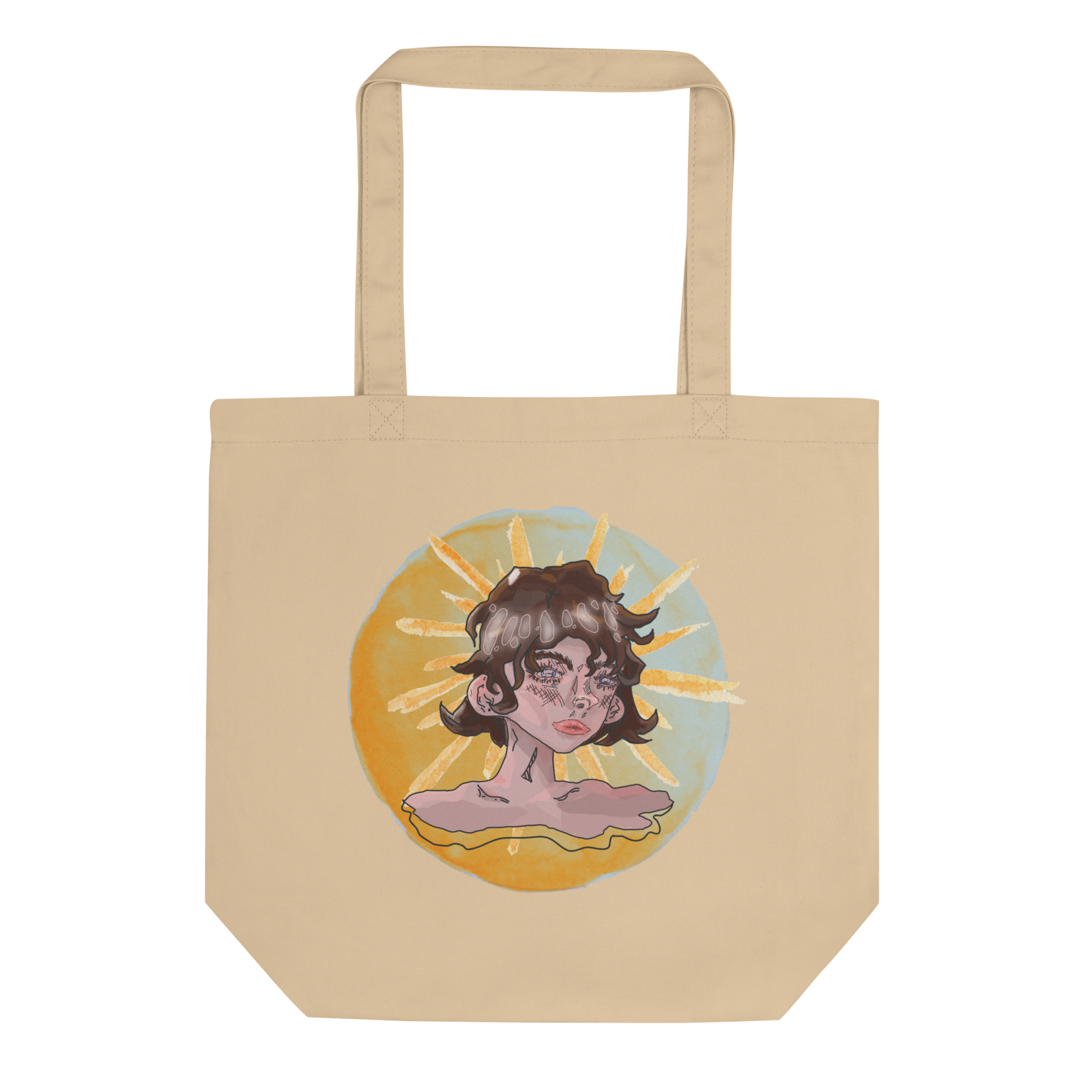 The 'Sunshine Girl' Tote in oyster color, presented in a lay-flat image, captures the charm of the girl's thoughtful portrait, a stylish and sustainable option for the imaginative and environmentally aware.
