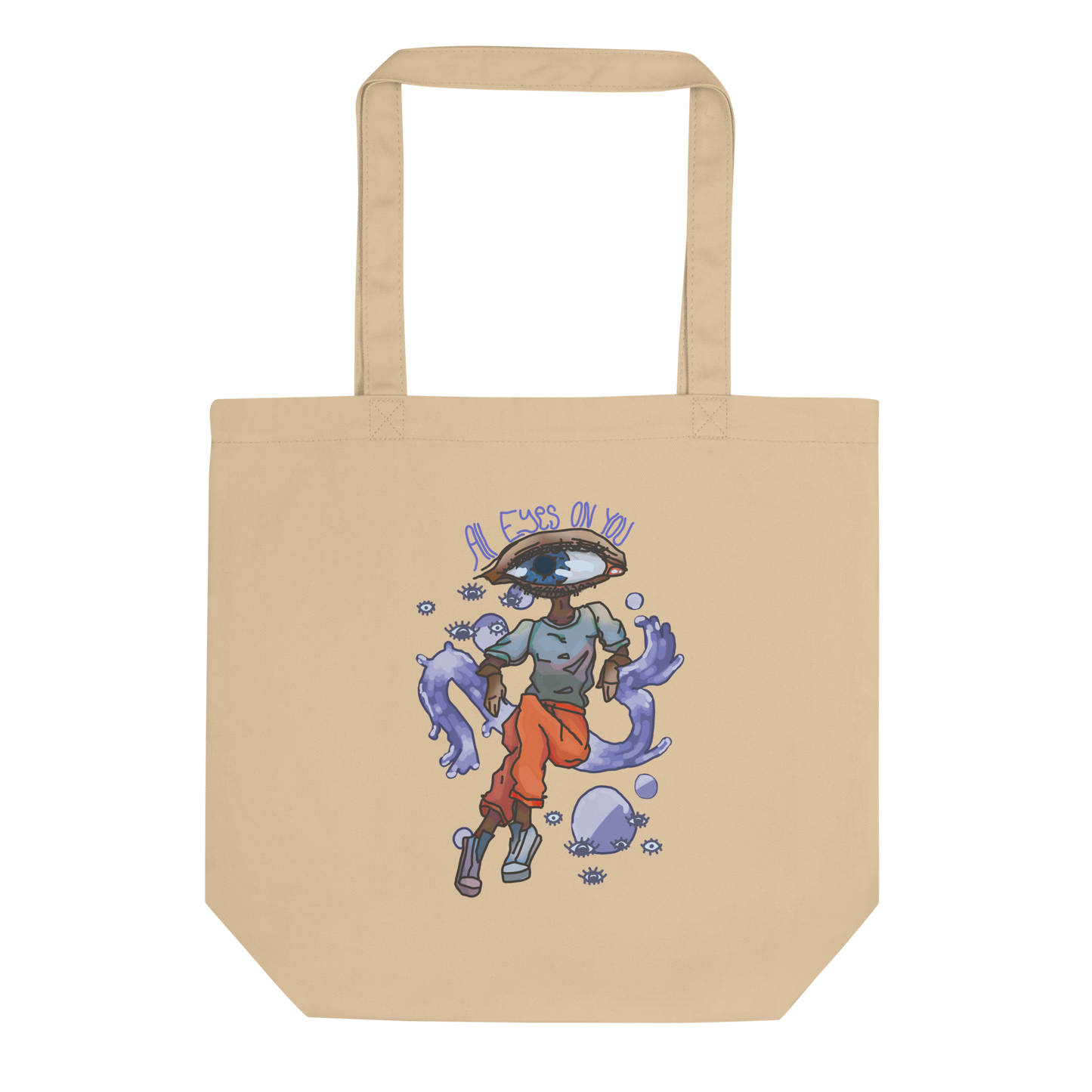 The 'All Eyes On You' Tote in oyster color, presented in a lay-flat image, captures the whimsical watercolor artwork, perfect for those seeking a sustainable and creatively designed accessory.