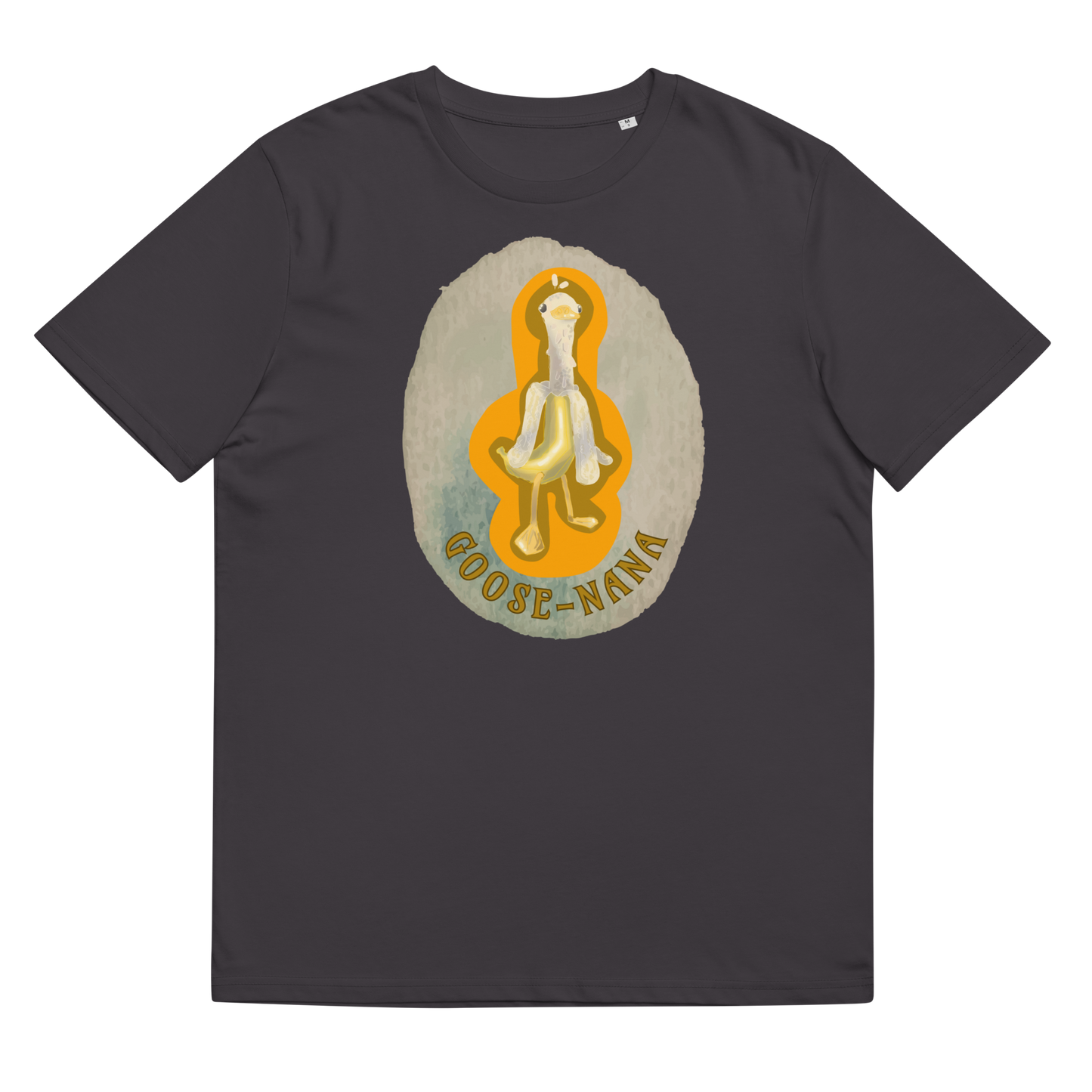 The 'Goose-nana' design on an Anthracite tee, presented in a lay-flat image, features the fun-loving Goose-Nana motif, an ode to uniqueness and lighthearted style.