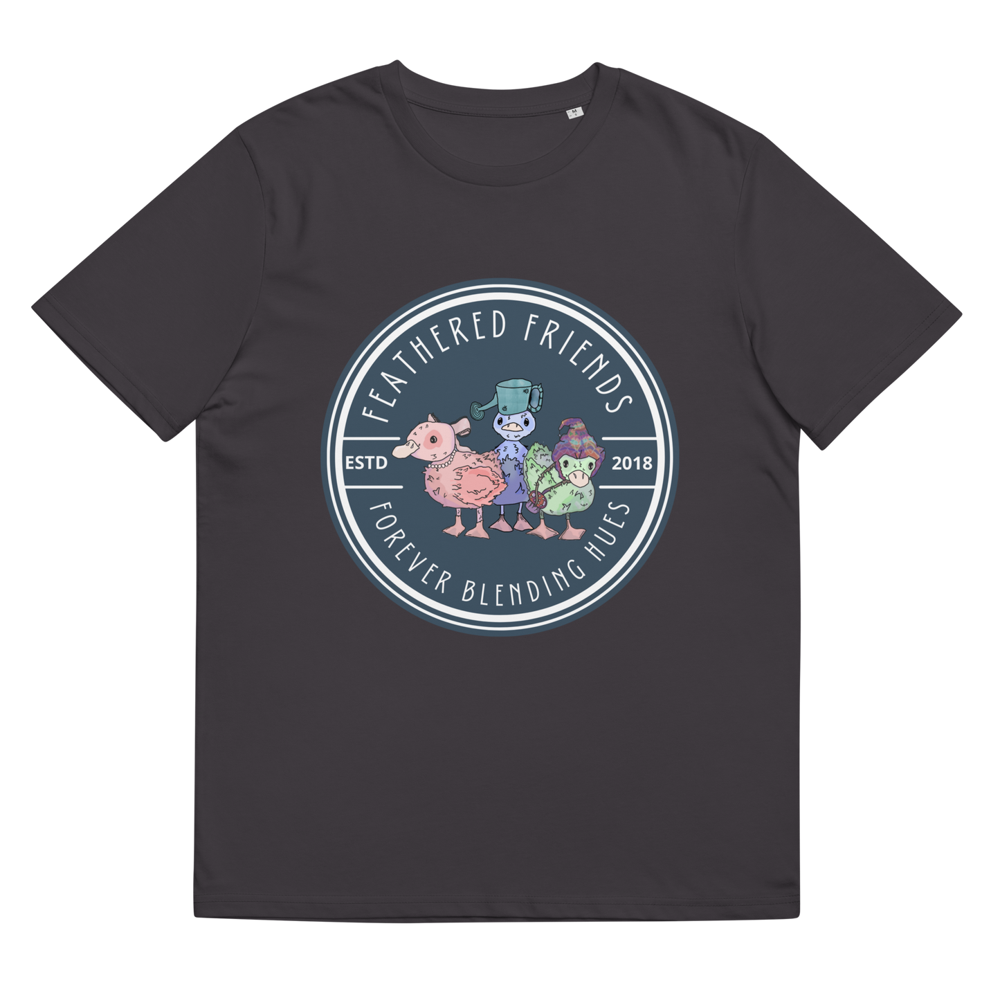 The 'Feathered Friends' organic cotton T-Shirt in Anthracite, laid flat, reveals a charming scene of ducklings with individual colors and accessories, symbolizing the harmony of varied personalities.