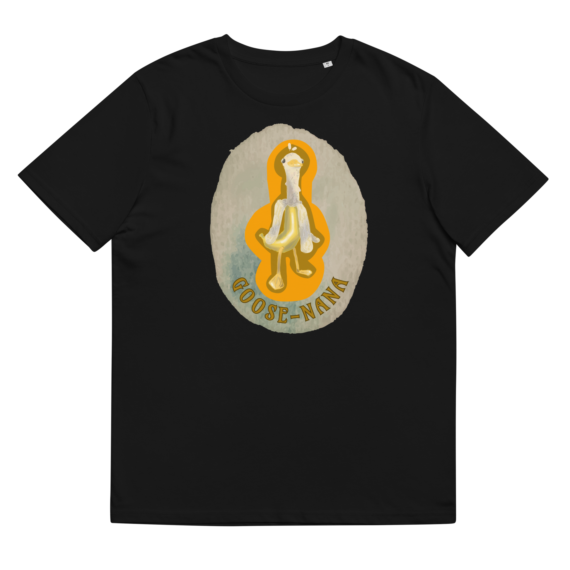 The 'Goose-nana' T-Shirt in Black, laid flat to exhibit the playful artwork of the Goose-Nana, a testament to individuality and the joy of quirky humor in sustainable fashion.