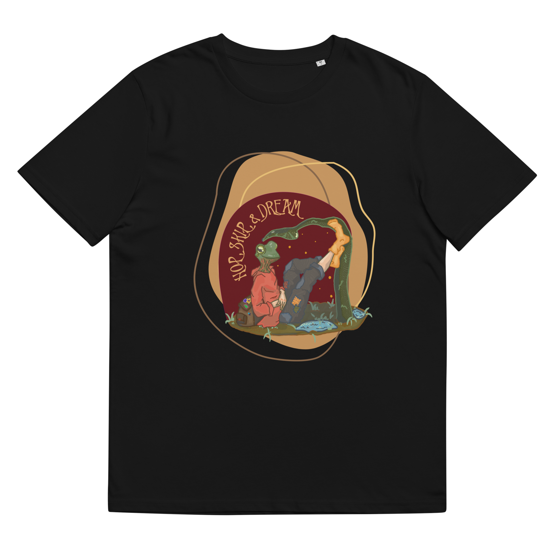 Lay-flat image of the 'Hop, Skip, Dream' T-Shirt in Black, showcasing the enchanting watercolor design of a frog-human character, reflecting the beauty of nature and human imagination.