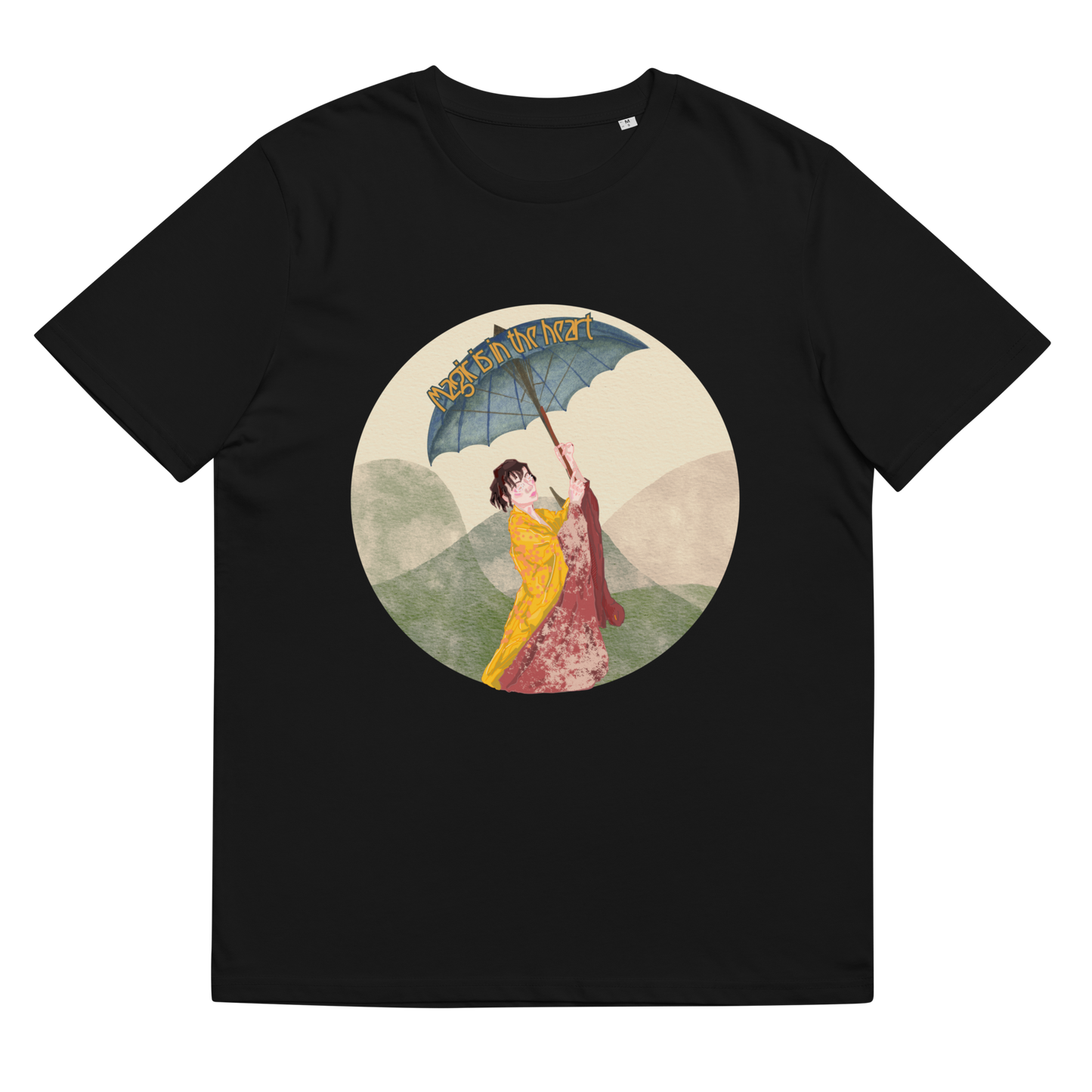 Close-up of the 'Magic is in the Heart' T-Shirt in Black, laid flat to display the detailed kimono and parasol design, a visual representation of the fusion of cultural heritage and the magic within.