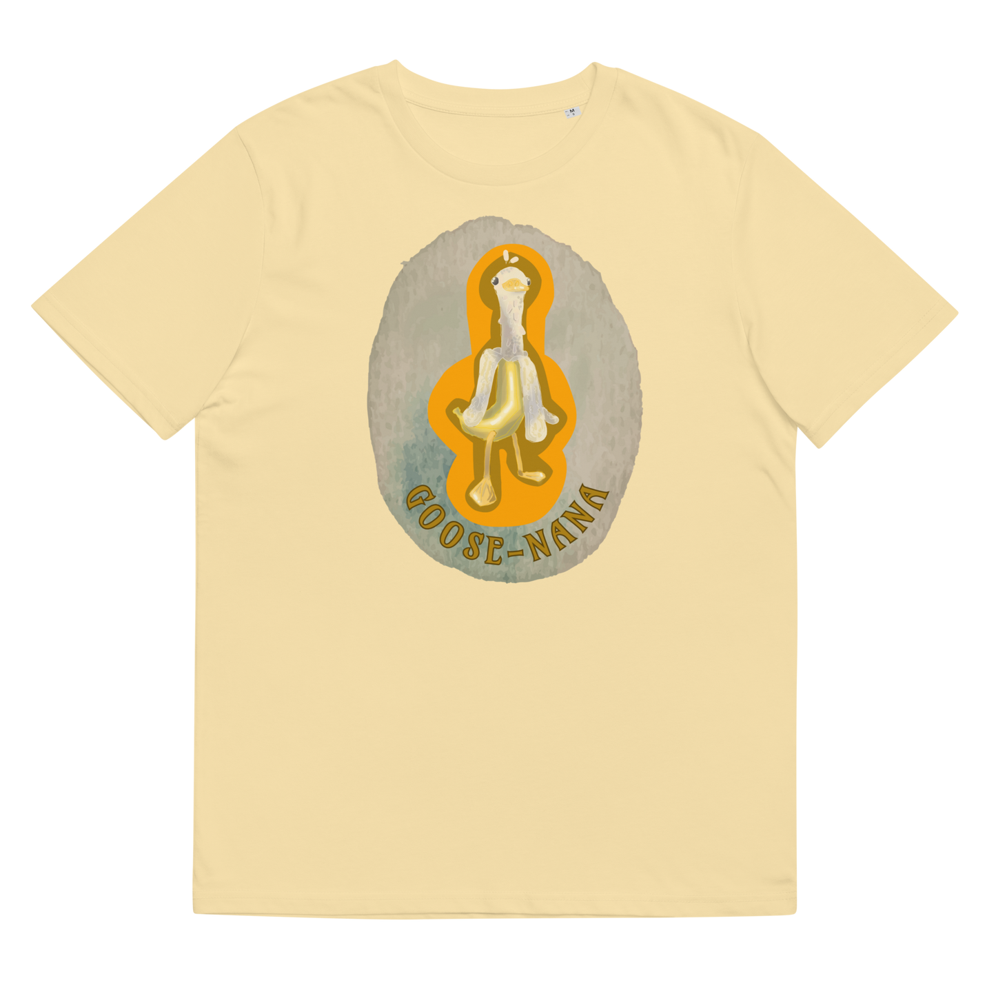 Close-up of the 'Goose-nana' T-Shirt in Butter, laid flat to highlight the amusing Goose-Nana artwork, combining sustainable fashion with a sense of whimsy and creativity.