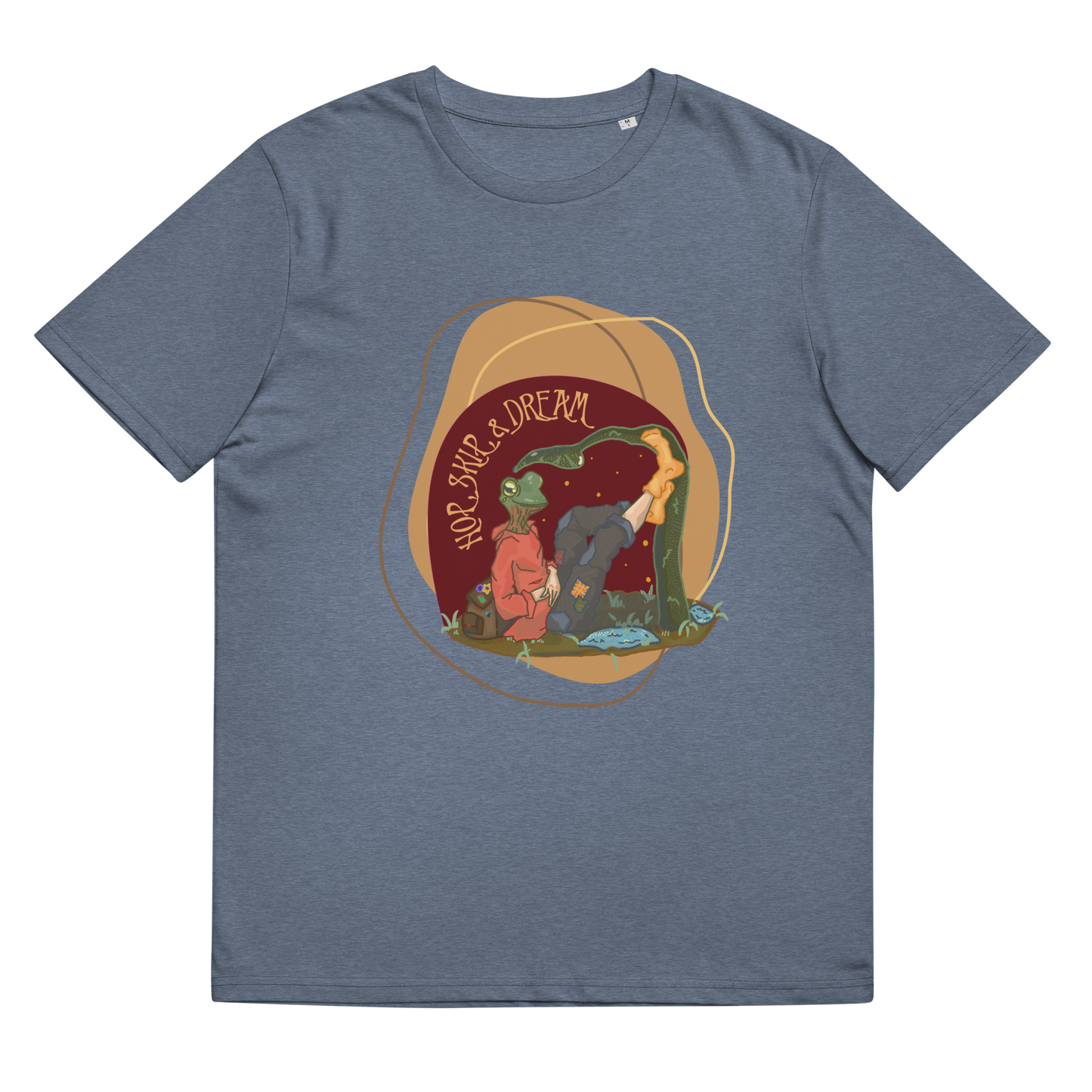 The 'Hop, Skip, Dream' T-Shirt in Dark Heather Blue, laid flat to display the artistic hybrid creature, represents the allure of adventure and the beauty of dreaming big.