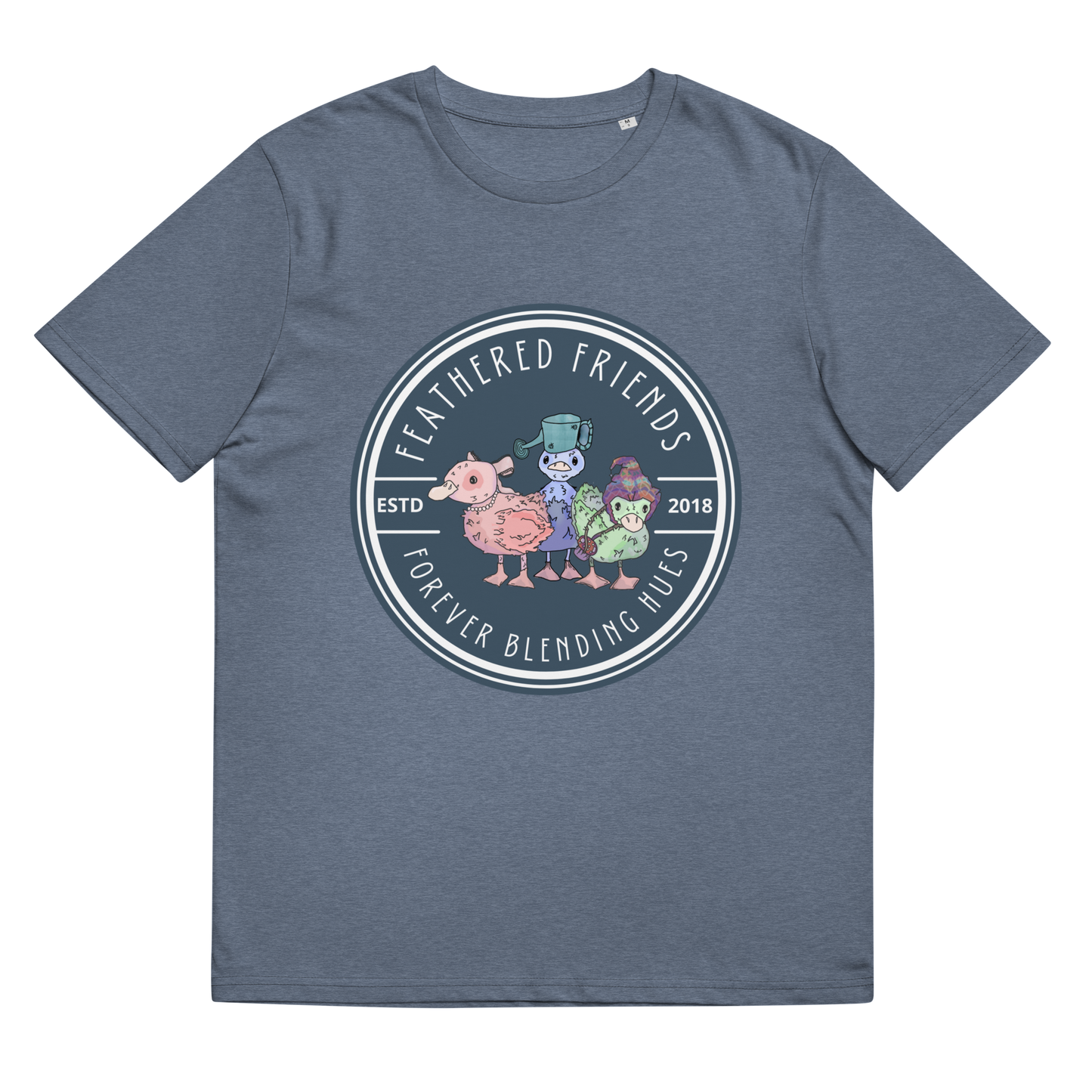 Lay-flat image of the 'Feathered Friends' T-Shirt in Dark Heather Blue, highlighting the watercolor design of ducklings with whimsical accessories, a symbol of the beauty in diverse friendships.