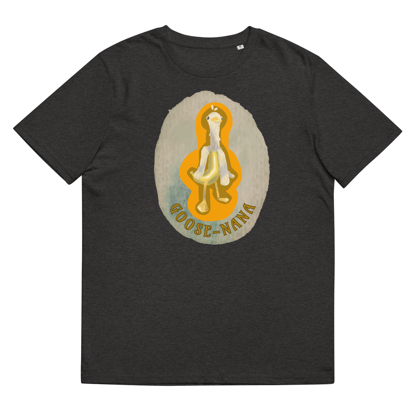 The 'Goose-nana' design on a Dark Heather Grey tee, presented in a lay-flat image, features the whimsical Goose-Nana character, symbolizing the joy of unique and humorous art.