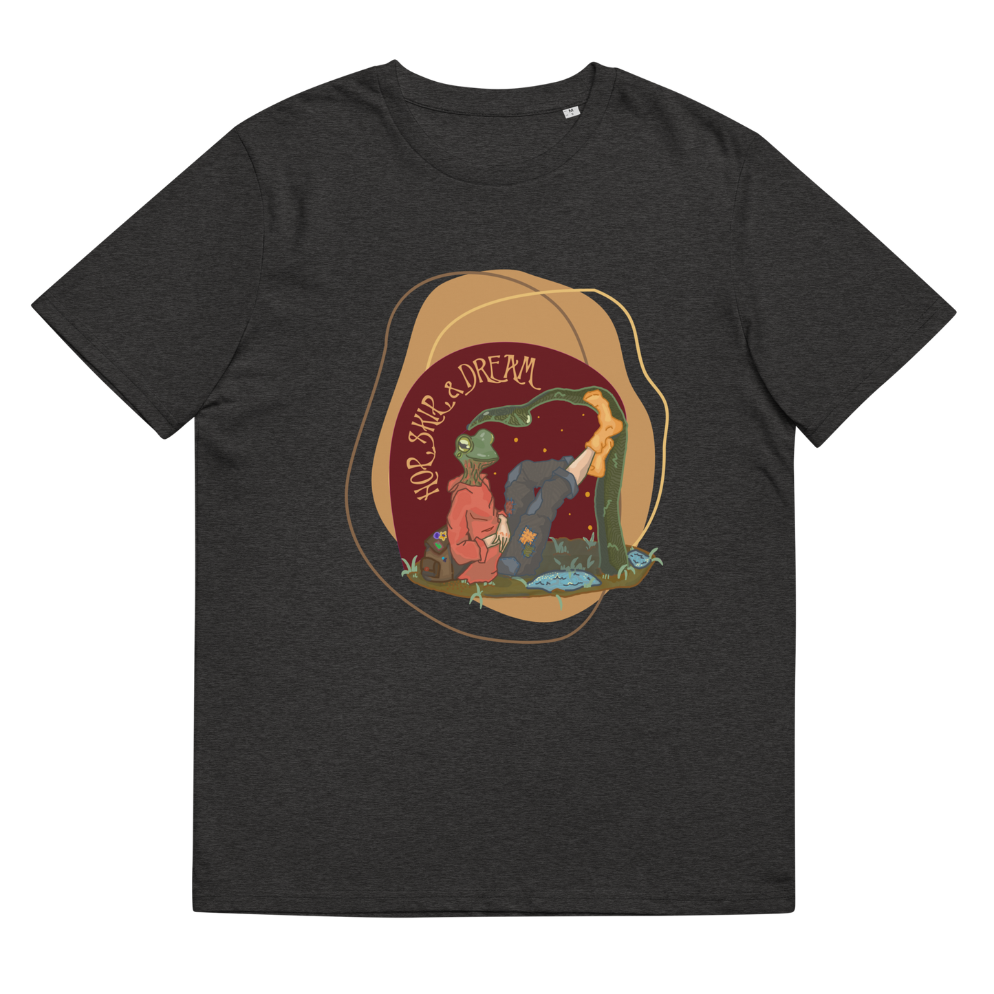 The 'Hop, Skip, Dream' design on a Dark Heather Grey tee, presented in a lay-flat image, showcases the tranquil lily pad scene and the adventurous essence of the frog-human figure.