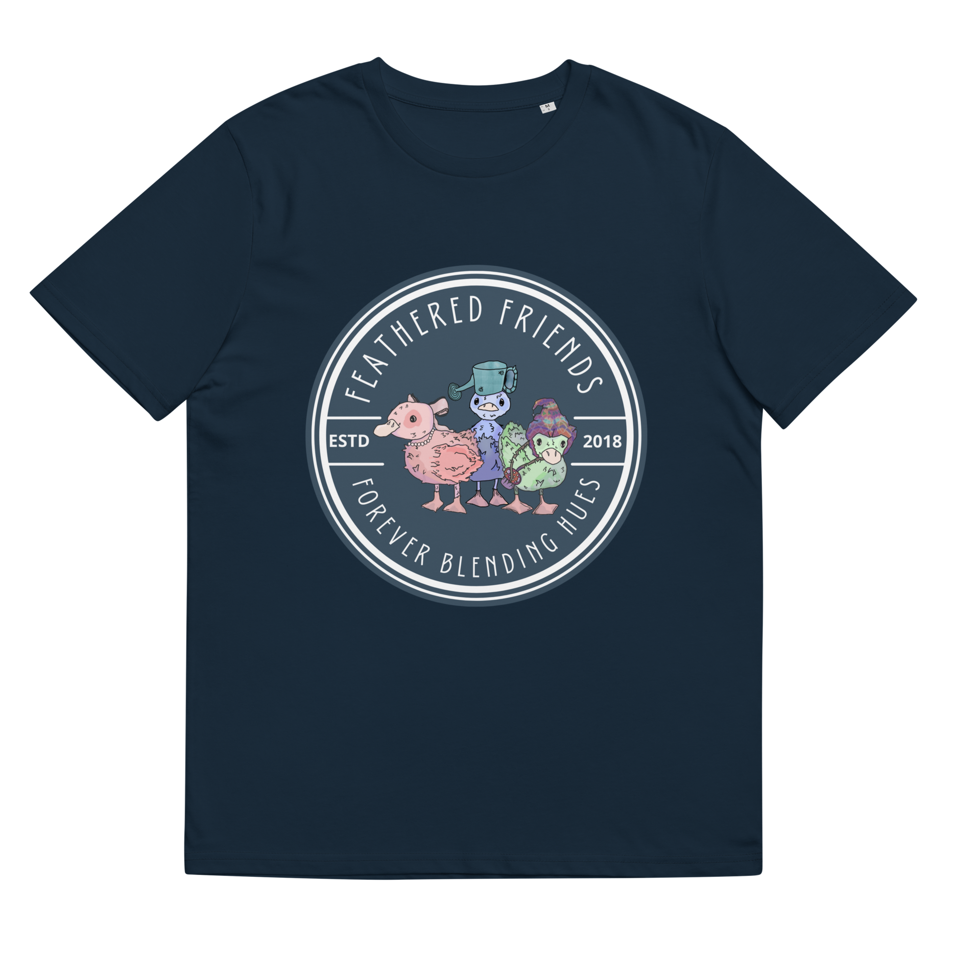 The 'Feathered Friends' design on a French Navy tee, presented in a lay-flat image, captures the essence of the cheerful ducklings' ensemble, an invitation to embrace and celebrate diverse friendships.