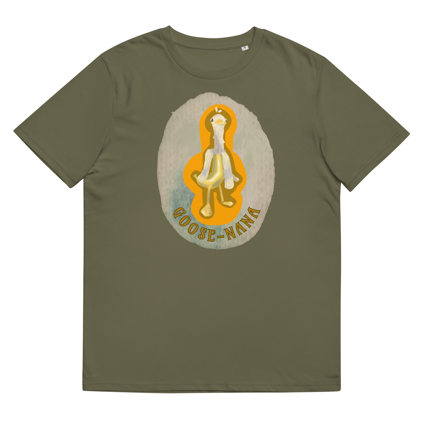 The 'Goose-nana' T-Shirt in Khaki, laid flat to display the creative and colorful Goose-Nana artwork, merging whimsy with environmental awareness in casual wear.