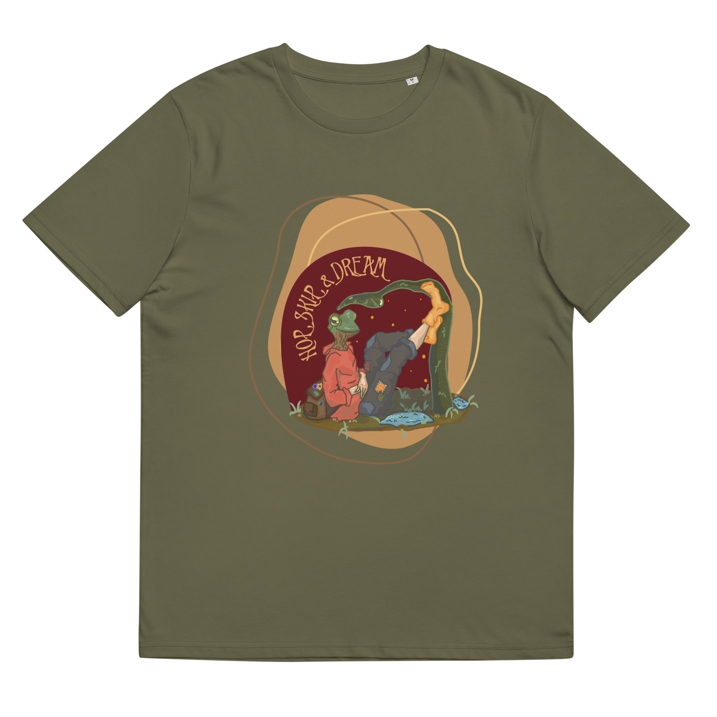 Lay-flat view of the 'Hop, Skip, Dream' T-Shirt in Khaki, displaying the captivating watercolor design of a whimsical frog-human character, a blend of adventure and dream-chasing.