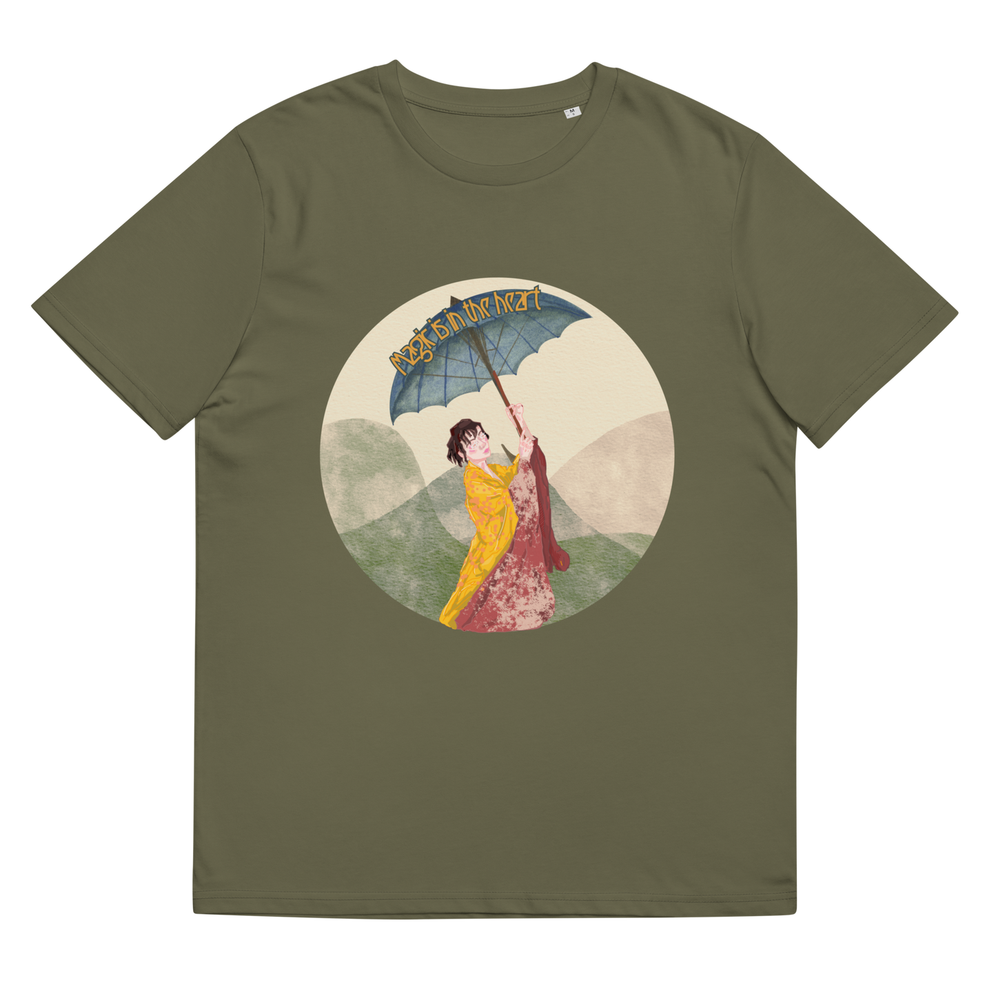 Close-up of the 'Magic is in the Heart' T-Shirt in Khaki, laid flat to display the intricate kimono and parasol design, a visual celebration of cultural heritage intertwined with the magic of the heart.